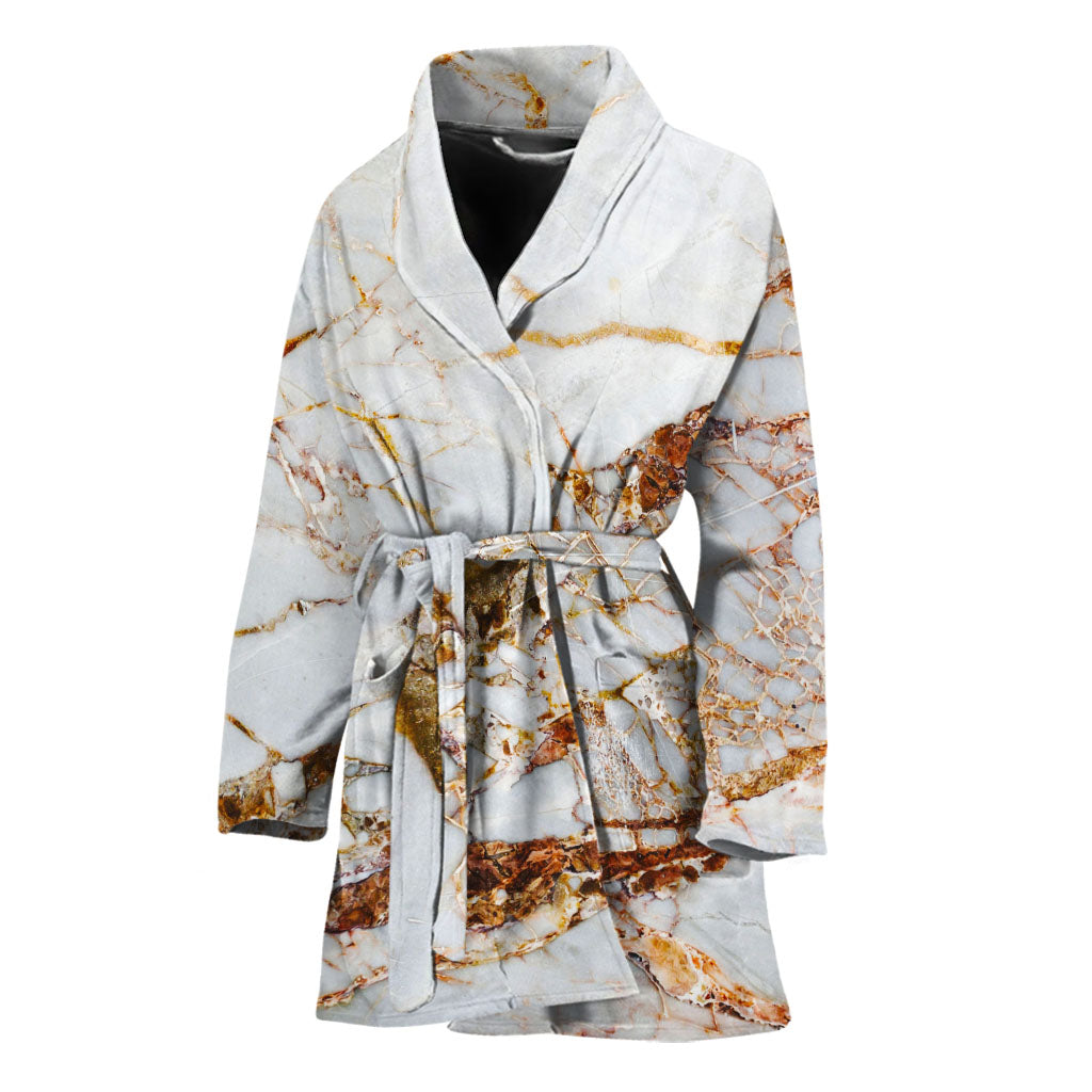 White Gold Grunge Marble Print Women's Bathrobe