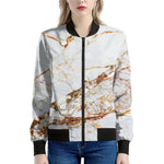 White Gold Grunge Marble Print Women's Bomber Jacket