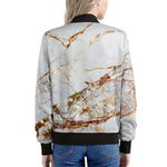 White Gold Grunge Marble Print Women's Bomber Jacket