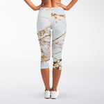 White Gold Grunge Marble Print Women's Capri Leggings