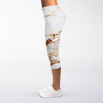 White Gold Grunge Marble Print Women's Capri Leggings