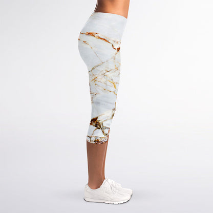 White Gold Grunge Marble Print Women's Capri Leggings