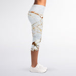 White Gold Grunge Marble Print Women's Capri Leggings