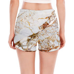 White Gold Grunge Marble Print Women's Split Running Shorts