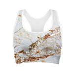 White Gold Grunge Marble Print Women's Sports Bra