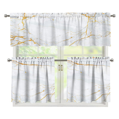 White Gold Scratch Marble Print 3 Piece Kitchen Curtains