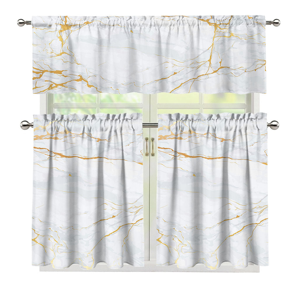 White Gold Scratch Marble Print 3 Piece Kitchen Curtains