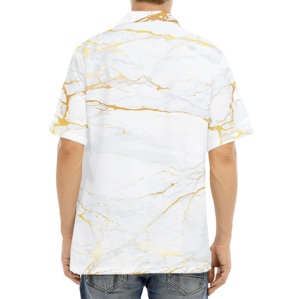 White Gold Scratch Marble Print Aloha Shirt