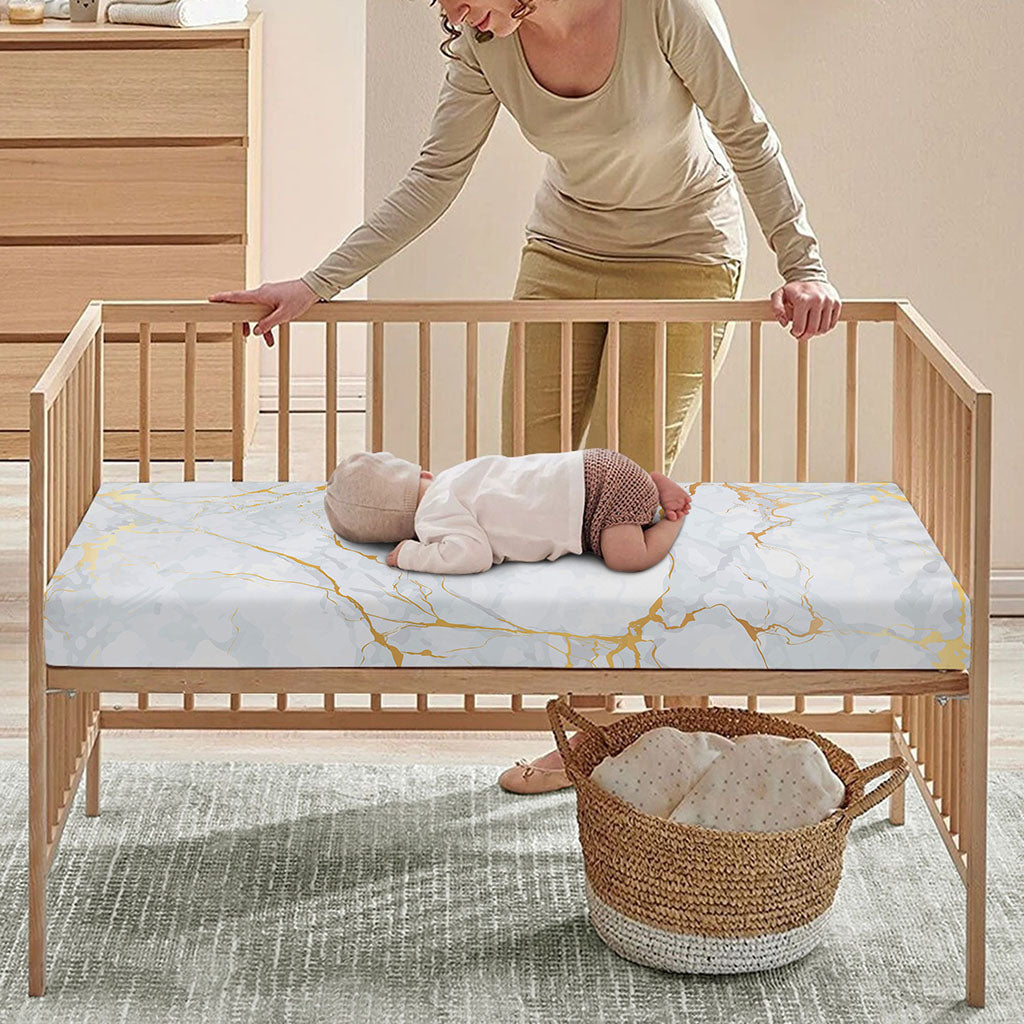 White Gold Scratch Marble Print Baby Crib Sheet