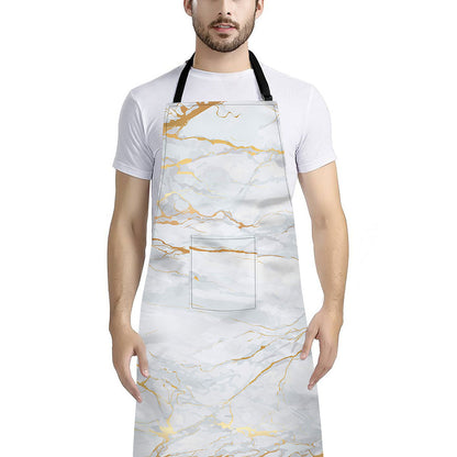 White Gold Scratch Marble Print Bib Apron With Pocket