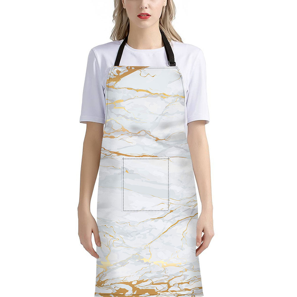 White Gold Scratch Marble Print Bib Apron With Pocket