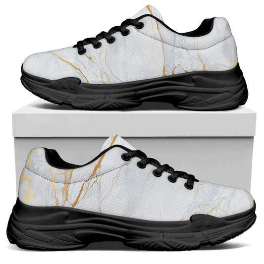 White Gold Scratch Marble Print Black Chunky Shoes