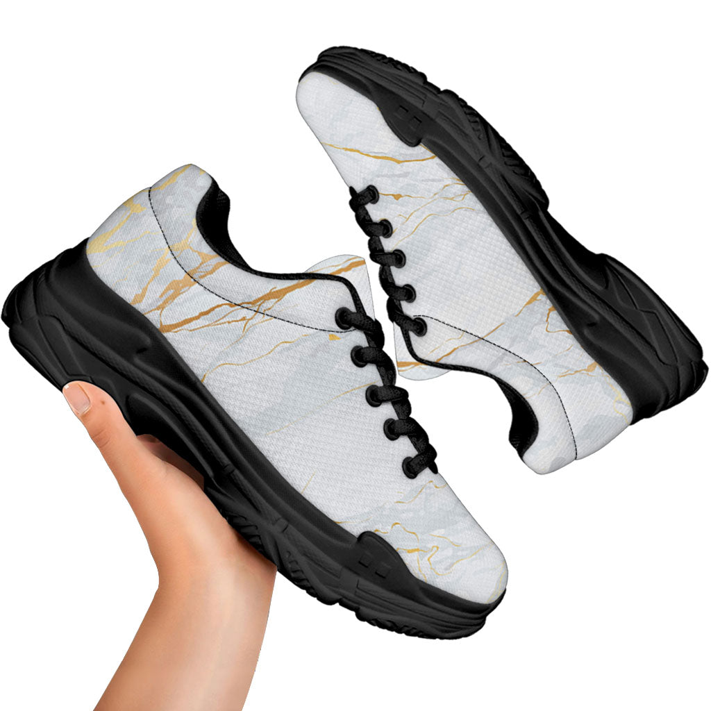 White Gold Scratch Marble Print Black Chunky Shoes