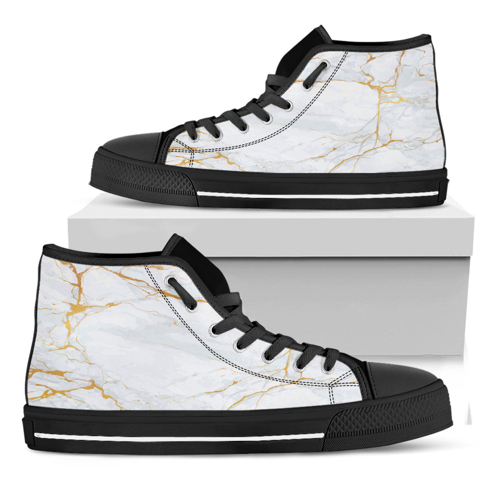 White Gold Scratch Marble Print Black High Top Sneakers