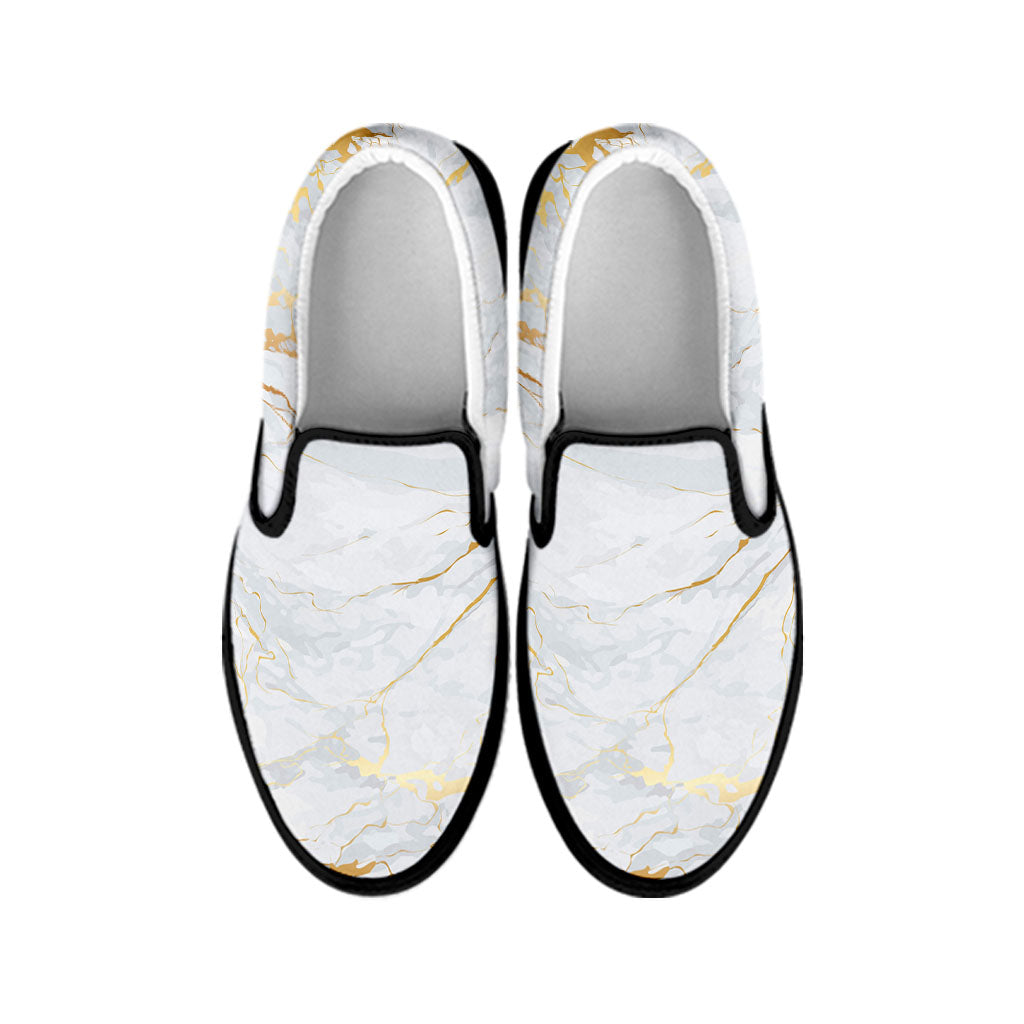 White Gold Scratch Marble Print Black Slip On Sneakers