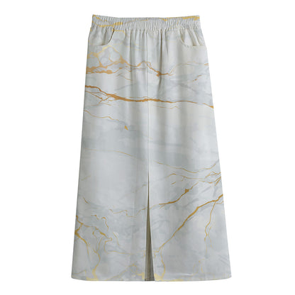 White Gold Scratch Marble Print Cotton Front Slit Maxi Skirt