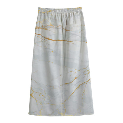 White Gold Scratch Marble Print Cotton Front Slit Maxi Skirt