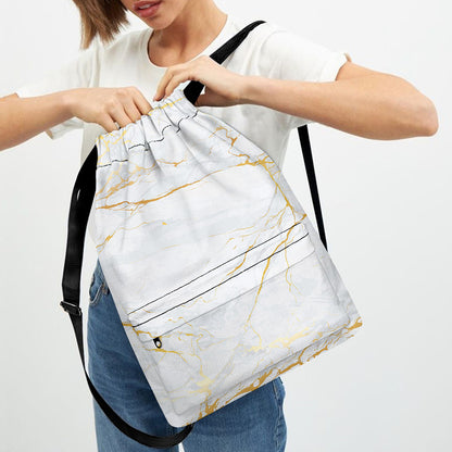 White Gold Scratch Marble Print Drawstring Backpack