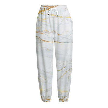 White Gold Scratch Marble Print Fleece Lined Knit Pants