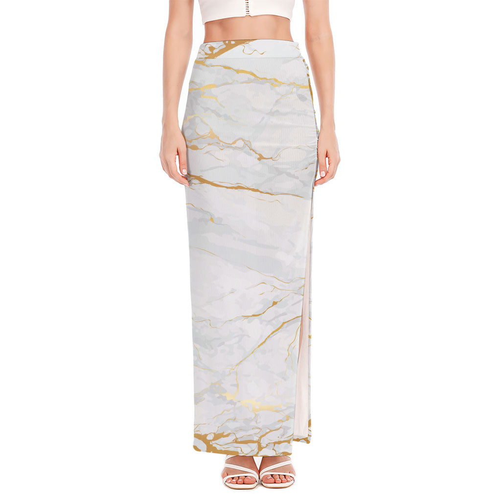 White Gold Scratch Marble Print High Slit Maxi Skirt