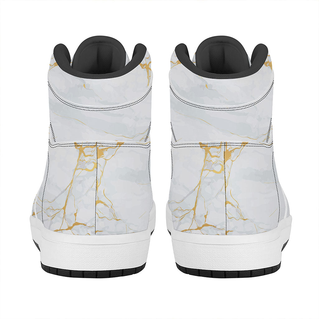 White Gold Scratch Marble Print High Top Leather Sneakers