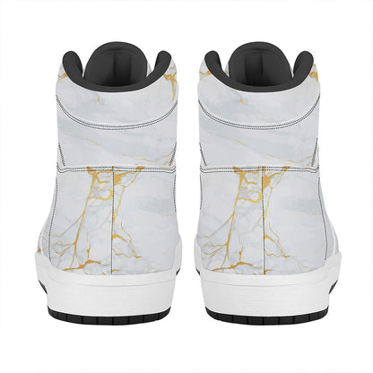 White Gold Scratch Marble Print High Top Leather Sneakers