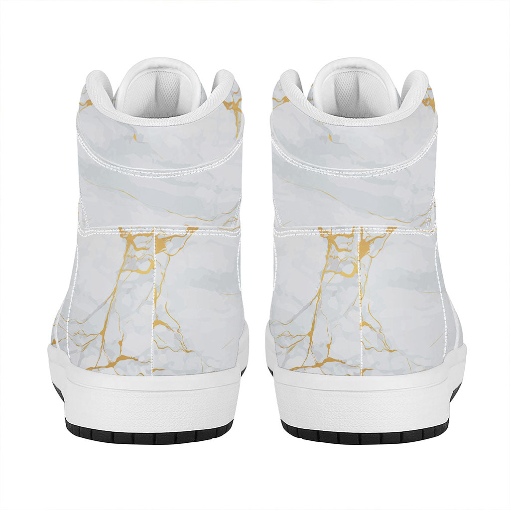 White Gold Scratch Marble Print High Top Leather Sneakers