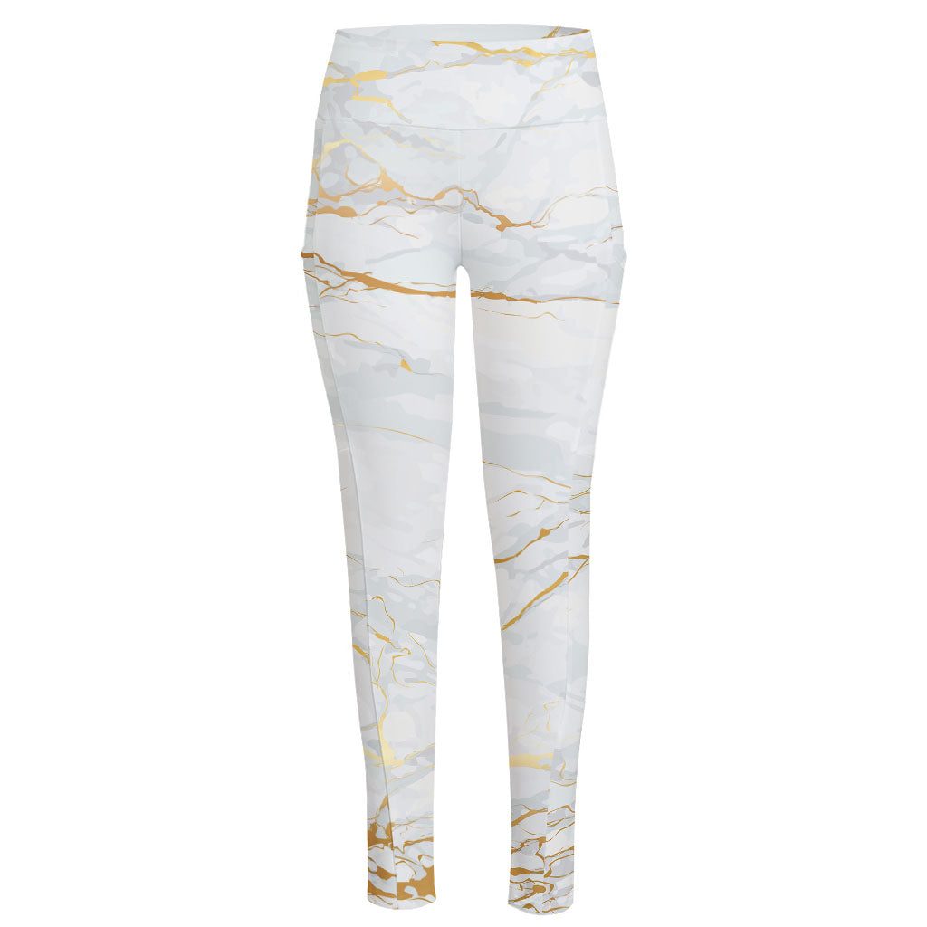 White Gold Scratch Marble Print High-Waisted Pocket Leggings