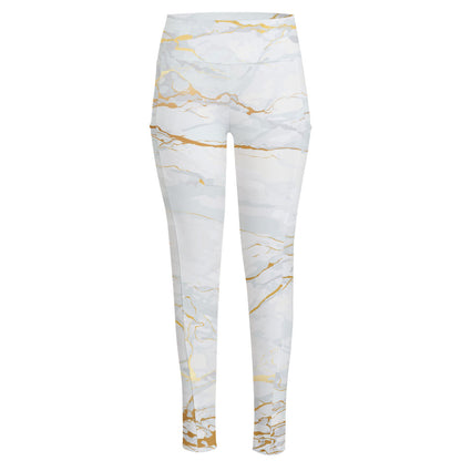 White Gold Scratch Marble Print High-Waisted Pocket Leggings
