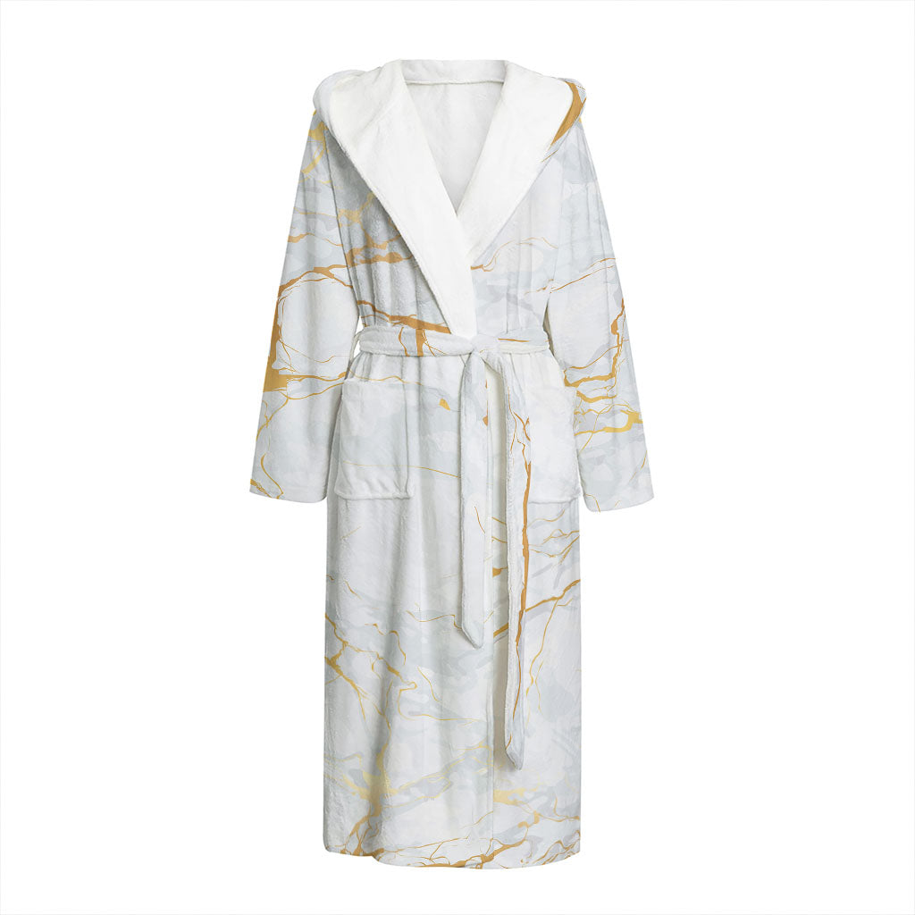 White Gold Scratch Marble Print Hooded Bathrobe