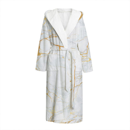 White Gold Scratch Marble Print Hooded Bathrobe