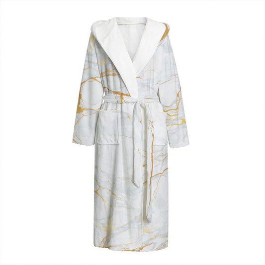 White Gold Scratch Marble Print Hooded Bathrobe