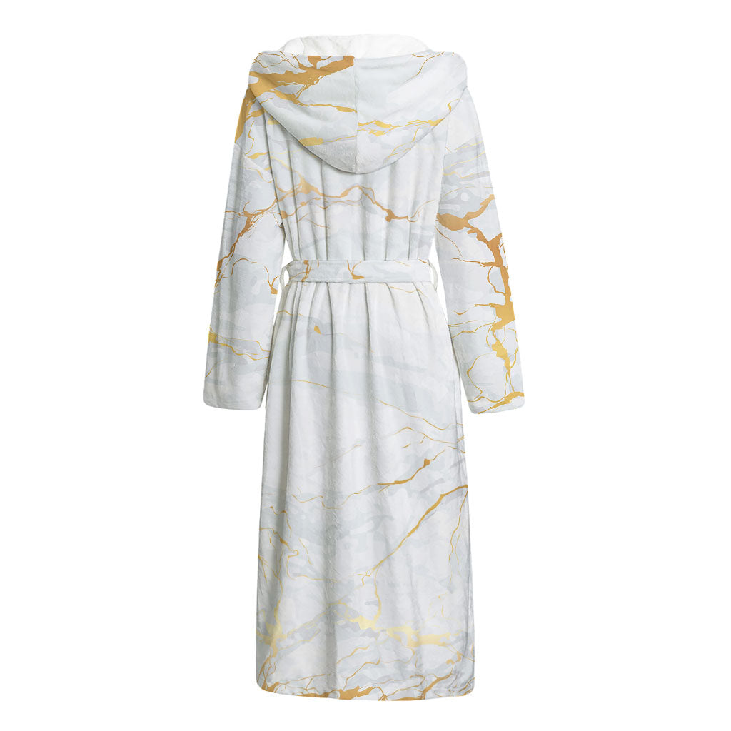 White Gold Scratch Marble Print Hooded Bathrobe
