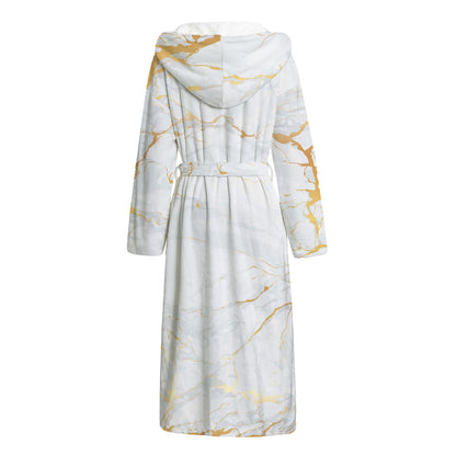 White Gold Scratch Marble Print Hooded Bathrobe