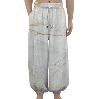 White Gold Scratch Marble Print Lantern Pants