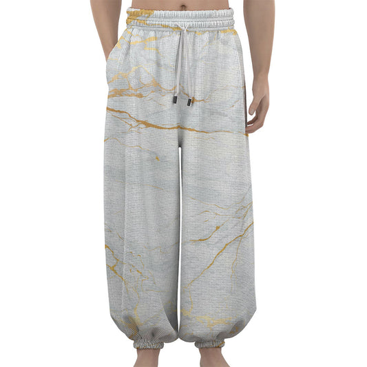 White Gold Scratch Marble Print Lantern Pants
