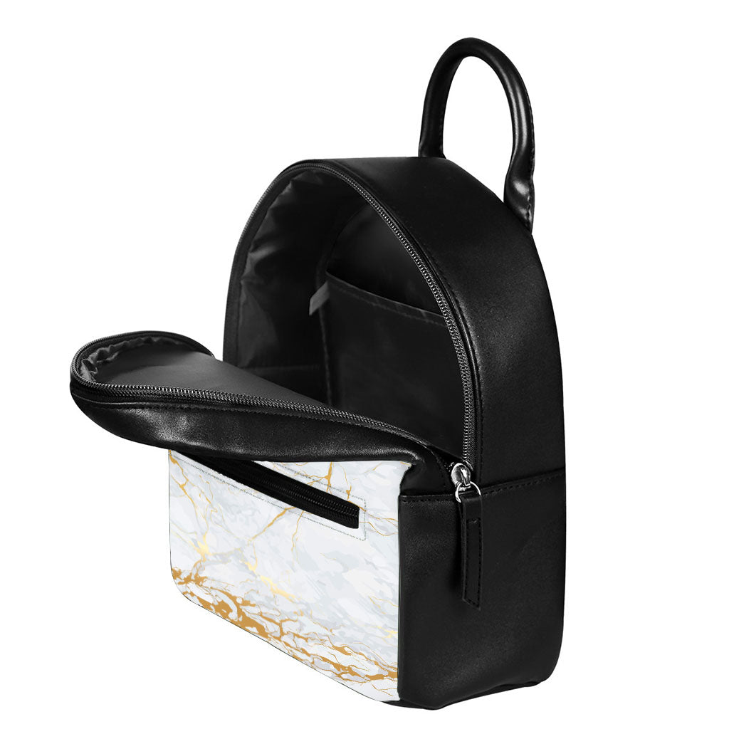 White Gold Scratch Marble Print Leather Backpack