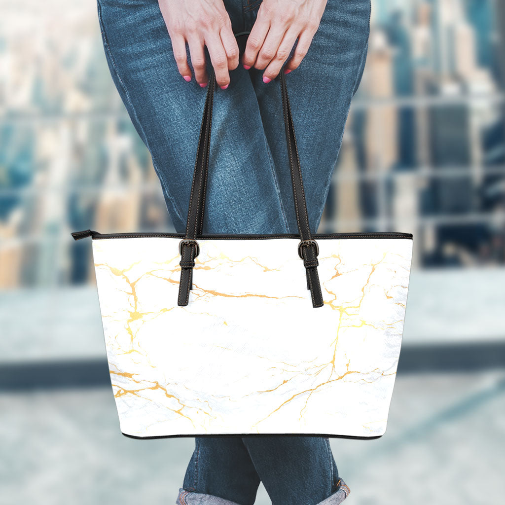 White Gold Scratch Marble Print Leather Tote Bag