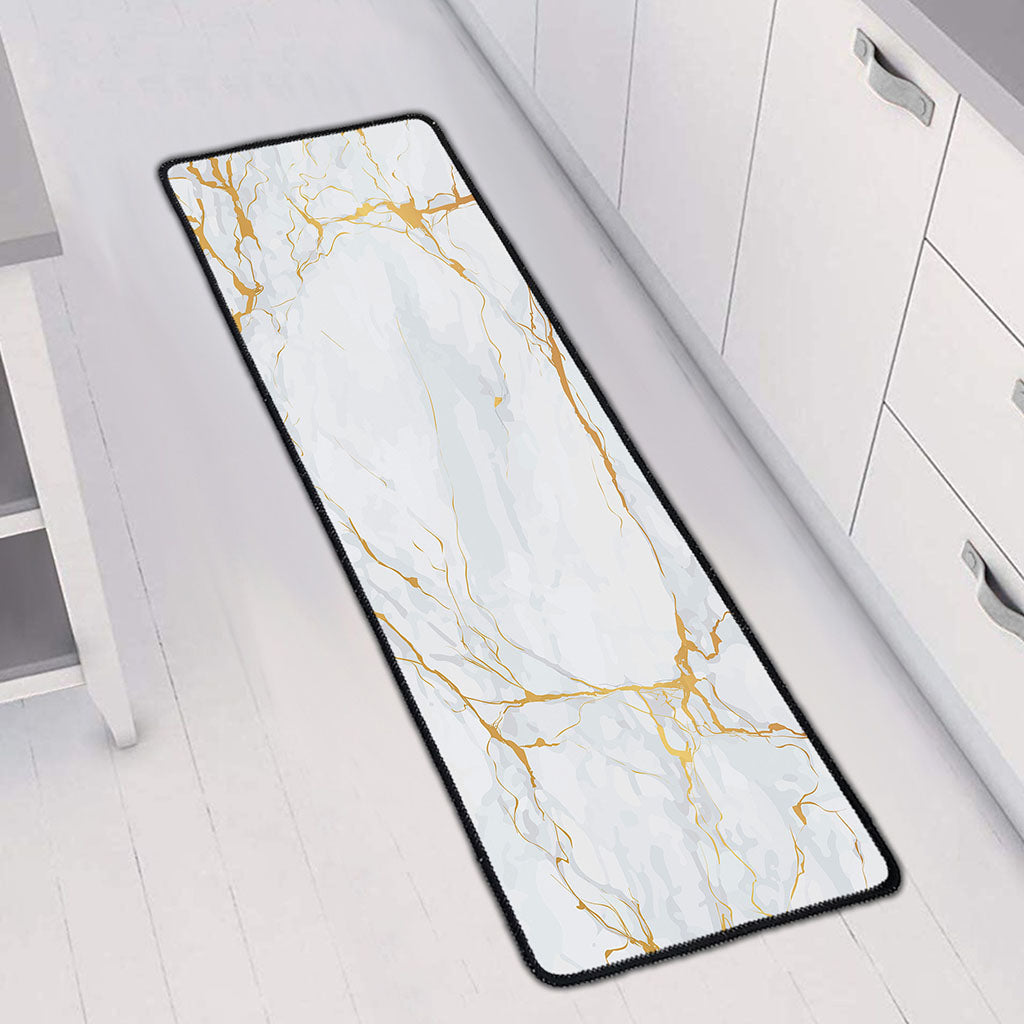White Gold Scratch Marble Print Long Kitchen Mat