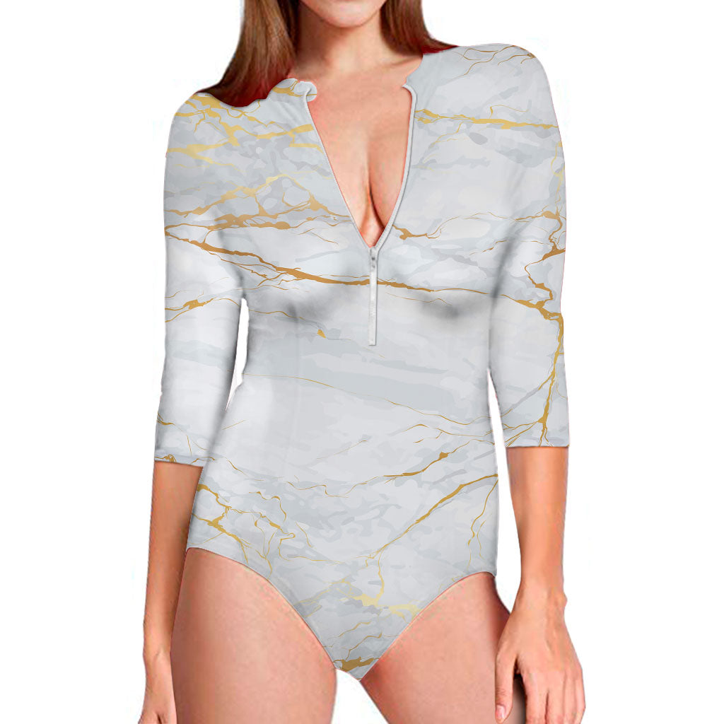 White Gold Scratch Marble Print Long Sleeve Swimsuit