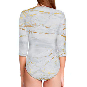 White Gold Scratch Marble Print Long Sleeve Swimsuit