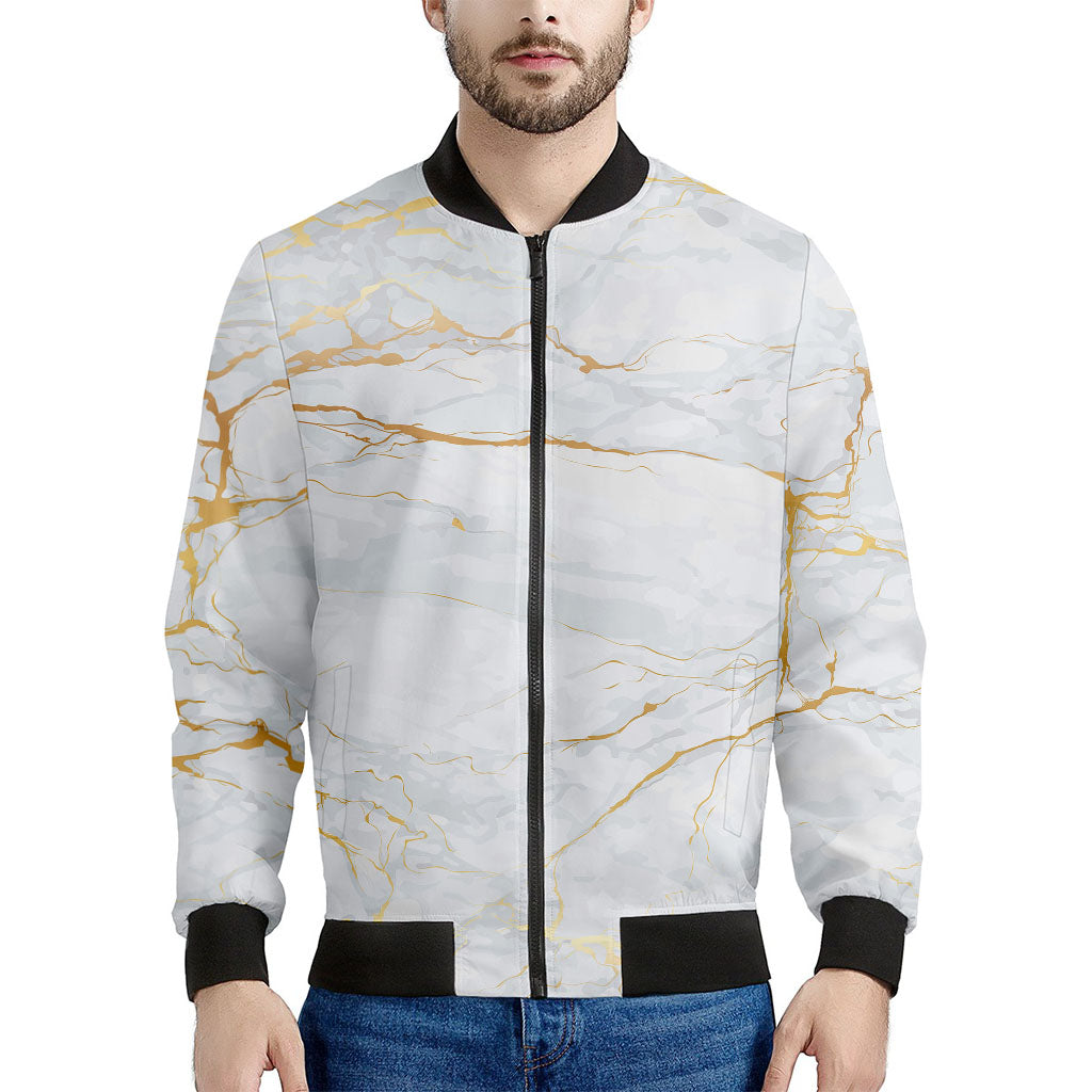 White Gold Scratch Marble Print Men's Bomber Jacket