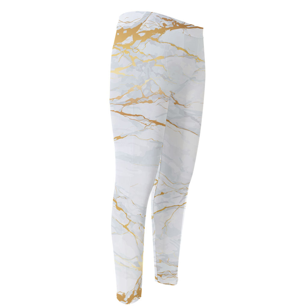 White Gold Scratch Marble Print Men's Compression Pants
