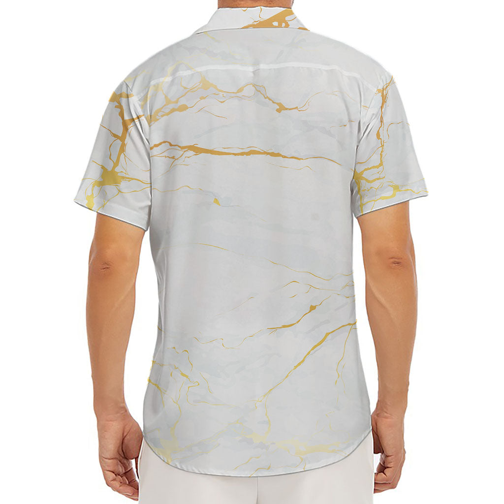 White Gold Scratch Marble Print Men's Deep V-Neck Shirt