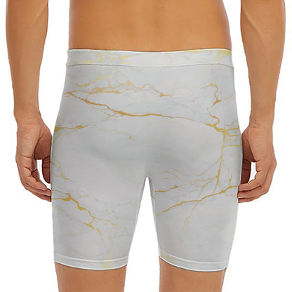 White Gold Scratch Marble Print Men's Long Boxer Briefs