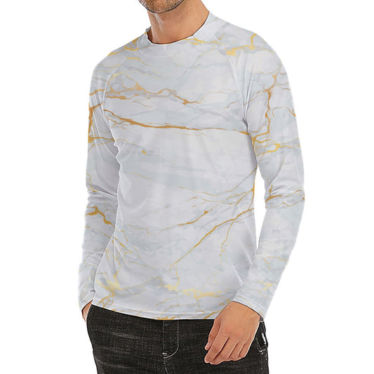 White Gold Scratch Marble Print Men's Long Sleeve Rash Guard