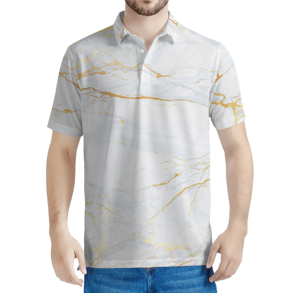 White Gold Scratch Marble Print Men's Polo Shirt