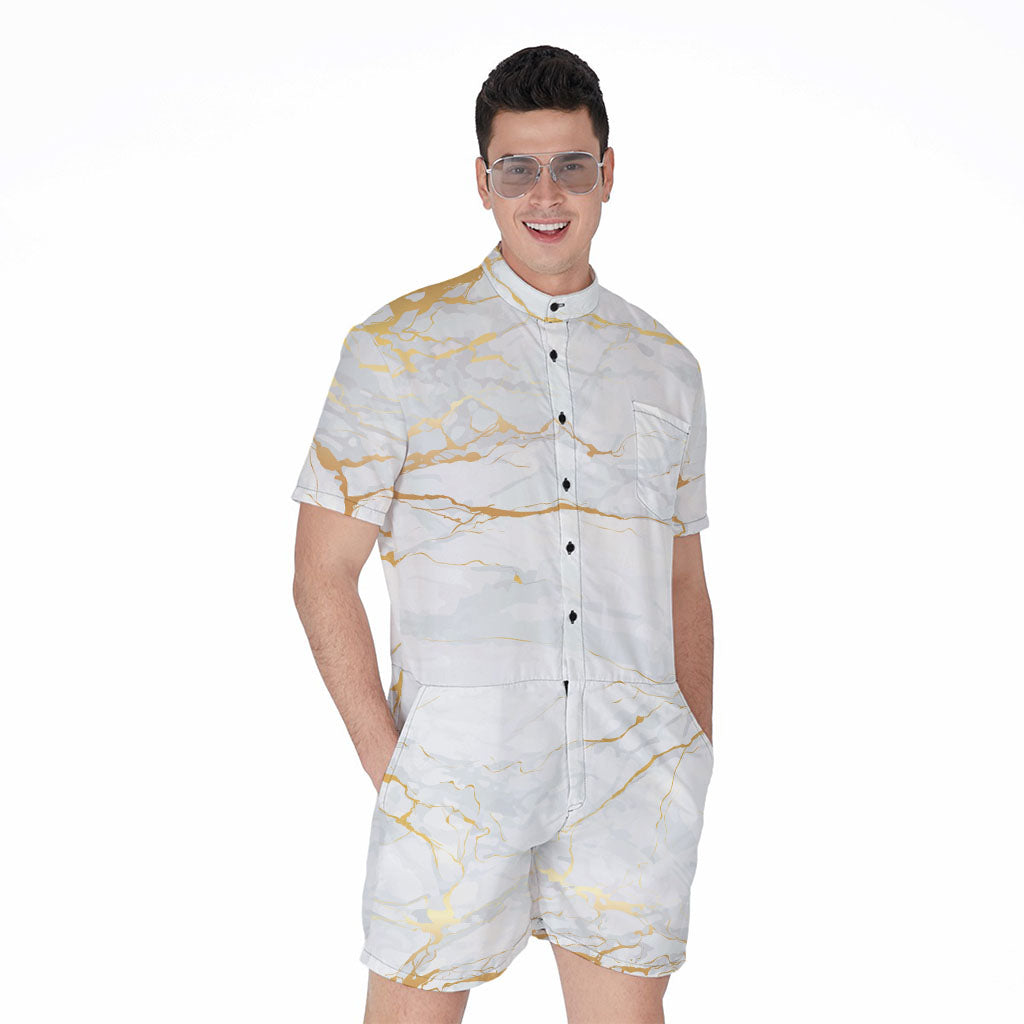 White Gold Scratch Marble Print Men's Rompers