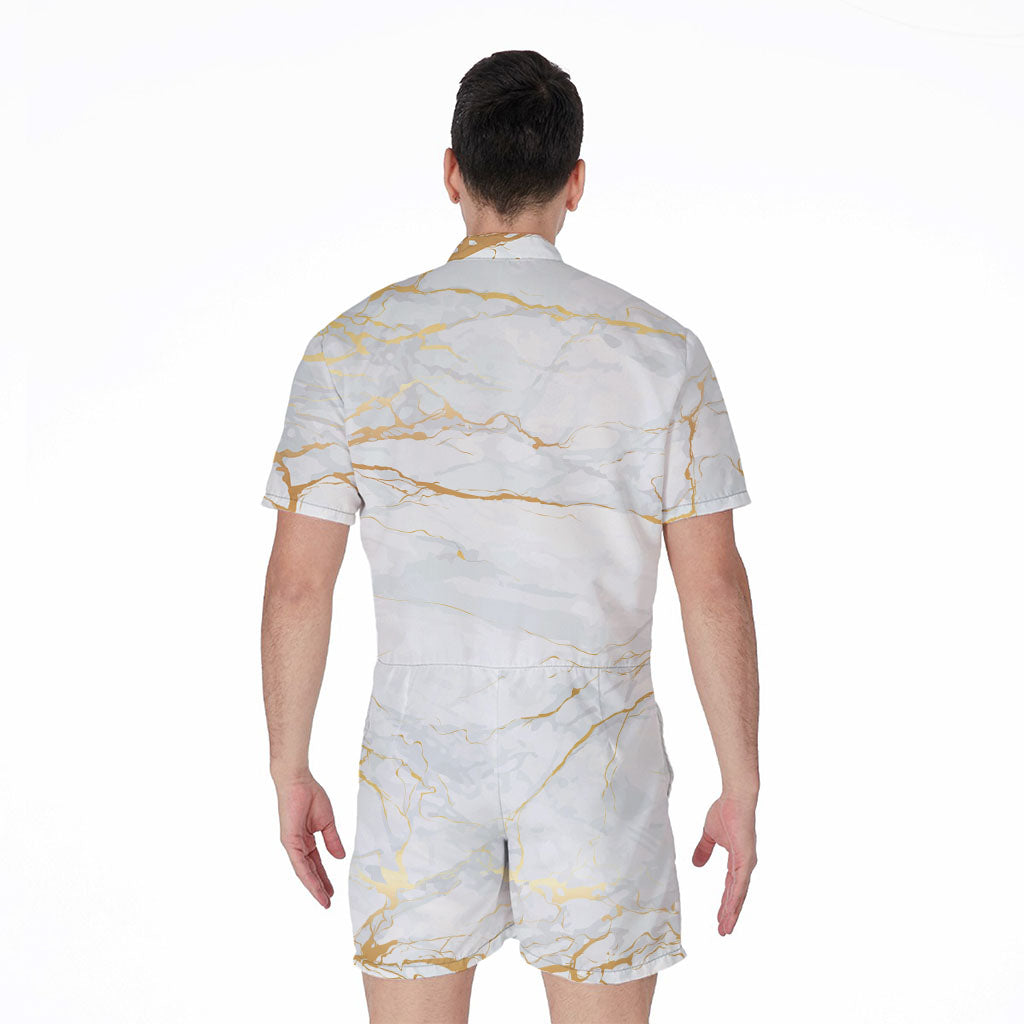 White Gold Scratch Marble Print Men's Rompers