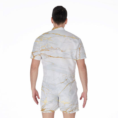 White Gold Scratch Marble Print Men's Rompers